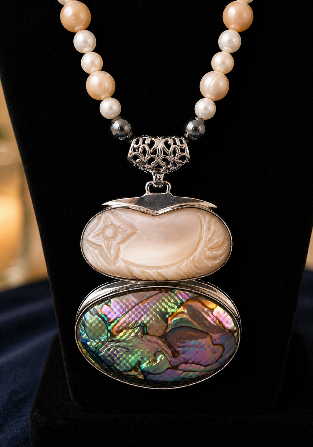 Abalone & Carved Stone Statement Necklace –