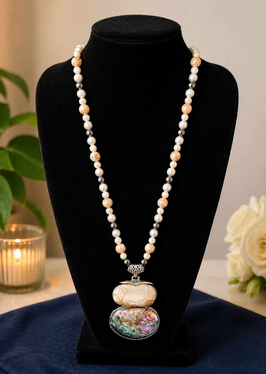 Abalone & Carved Stone Statement Necklace –